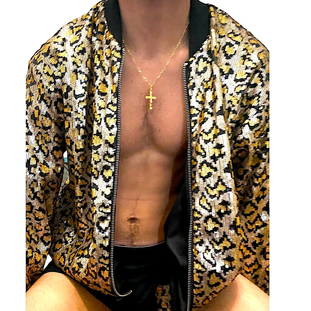 MENS LEOPARD SEQUENCE BOMBER JACKET